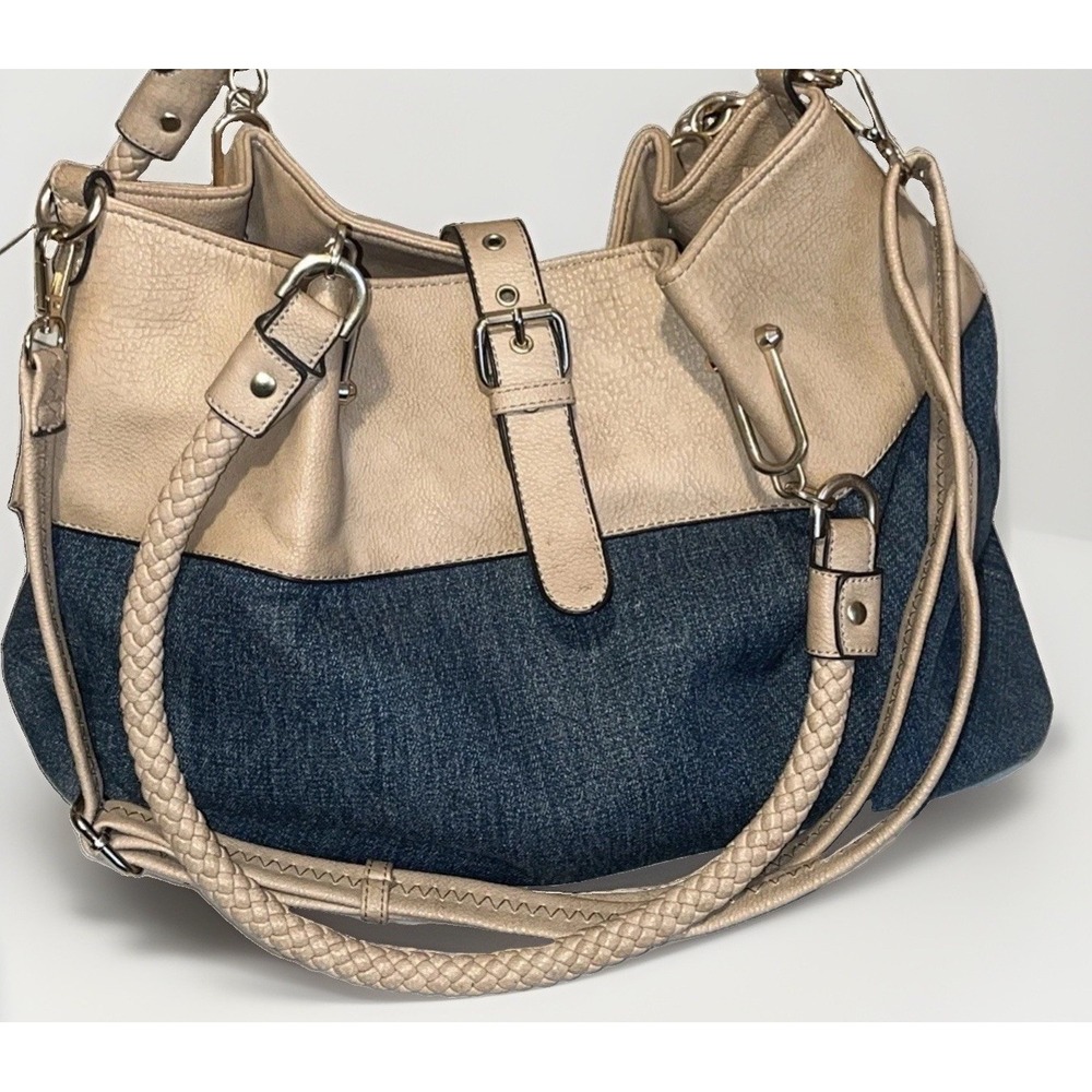 Wilsons Leather Black Rivet Denim Tote L Shoulder Bag Tan Braided Handles Pouch